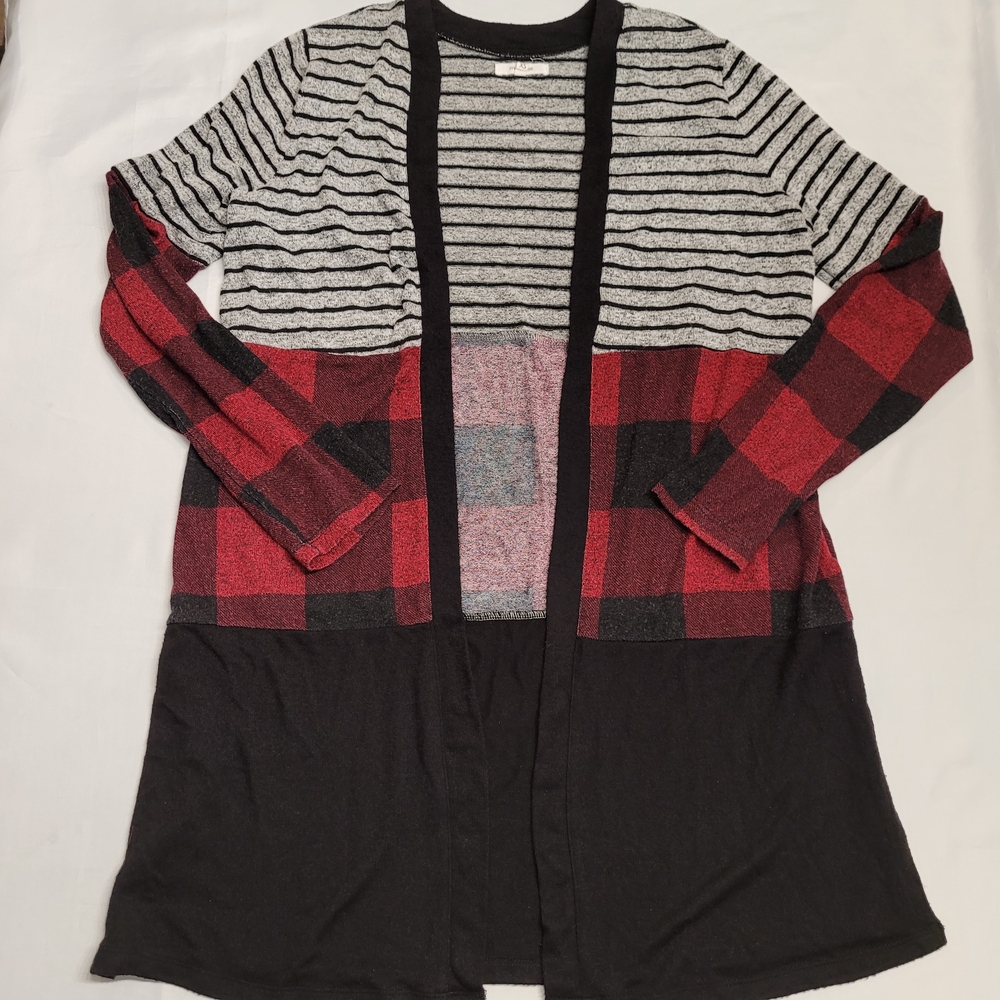 Maurices Patchwork Striped & Buffalo Plaid Open Front Cardigan XS